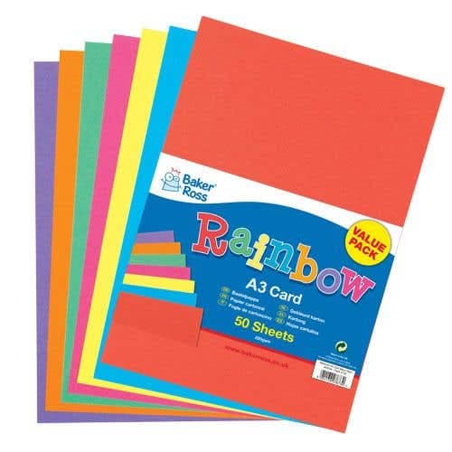 Rainbow Colours A3 Card 220gsm (Pack of 50) Paper & Card 7 assorted colours - Red, Yellow, Pink, Green, Orange, Purple & Blue