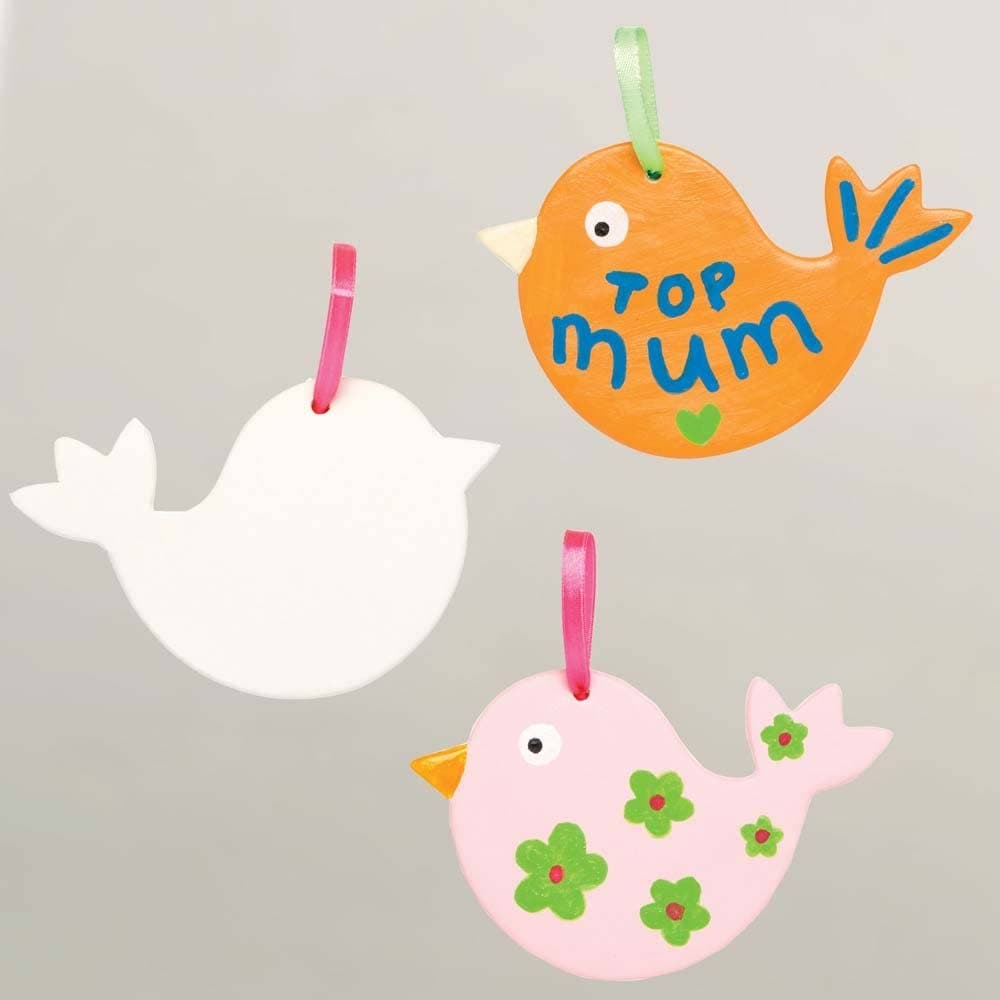Bird Ceramic Decorations (Pack of 5) Decoration Craft Kits 2 assorted ribbon colours - Pink & Green