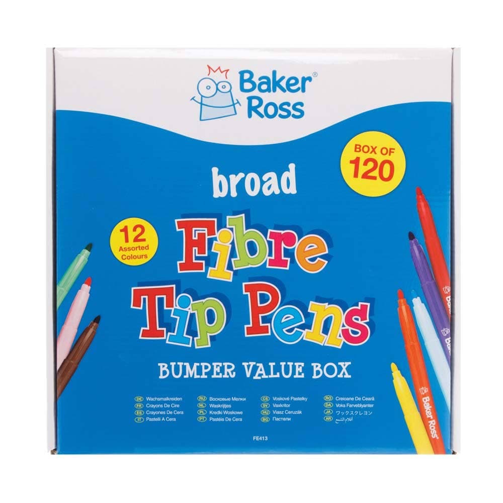 Broad Tip Marker Pens Bumper Value Box (Box of 120) Drawing 12 assorted colours - Light Green, Dark Green, Orange, Dark Blue, Light Blue, Pink, Yellow, Purple, Red, Brown, Grey and Black
