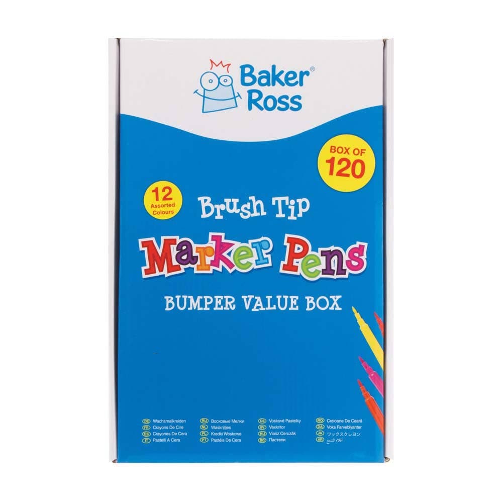 Brush Tip Marker Pens Bumper Value Box (Box of 120) 12 Assorted Colours, Fine Nibbed, Long Brush, Drawing Supplies
