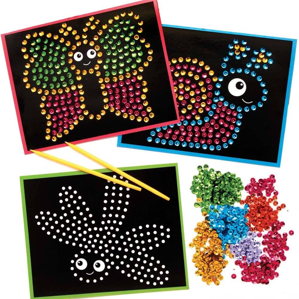 Bug Sequin Picture Kits (Pack of 4) Craft Kits For Kids 6 assorted sequin colours - Blue, Pink, Purple, Yellow, Orange & Green