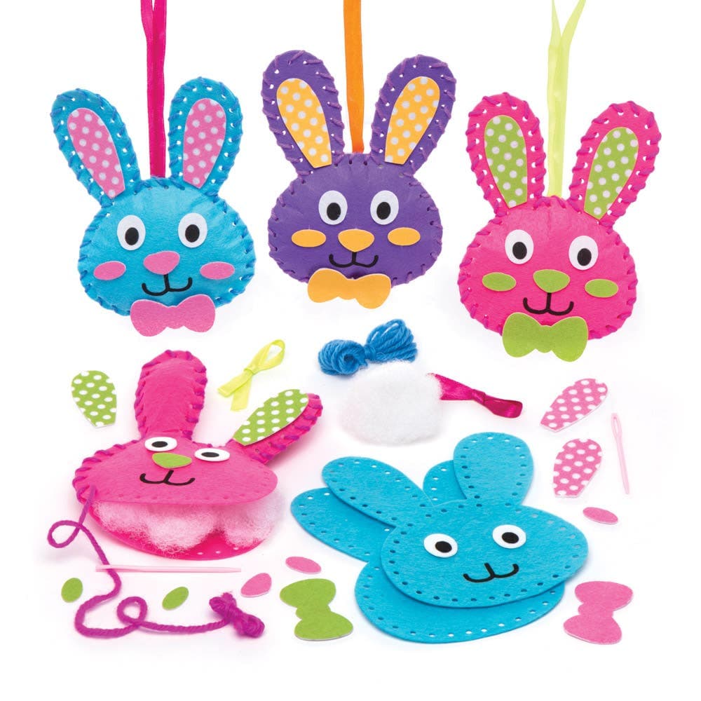 Bunny Sewing Kits (Pack of 3) Easter Crafts For Kids, 3 Designs, Plastic Needle, Wool, Stuffing & Ribbon Included, Beginners Sewing Kit