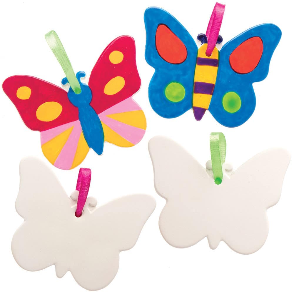Butterfly Ceramic Decorations (Pack of 5) Decoration Craft Kits 2 assorted ribbon colours - Pink & Green