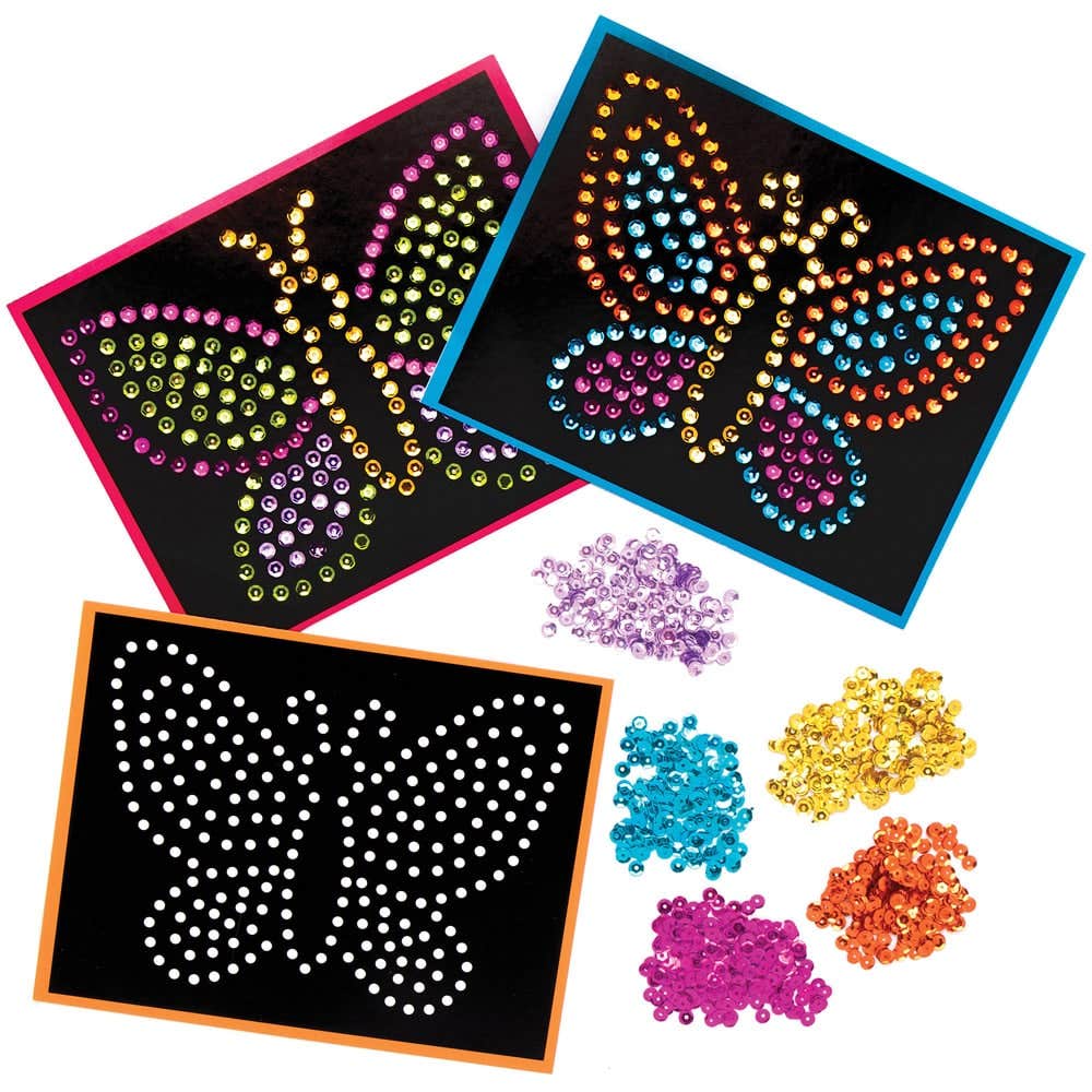 Butterfly Sequin Picture Kits (Pack of 4) Craft Kits For Kids 6 assorted sequin colours - Blue, Pink, Purple, Yellow, Orange & Green