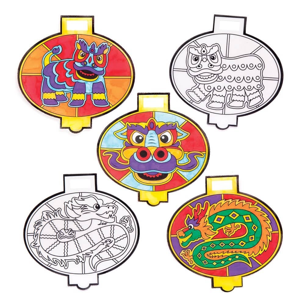 Chinese New Year Colour-in Window Decorations (Pack of 12) Craft Kits For Kids, 6 Assorted Designs, Stained-Glass Effect