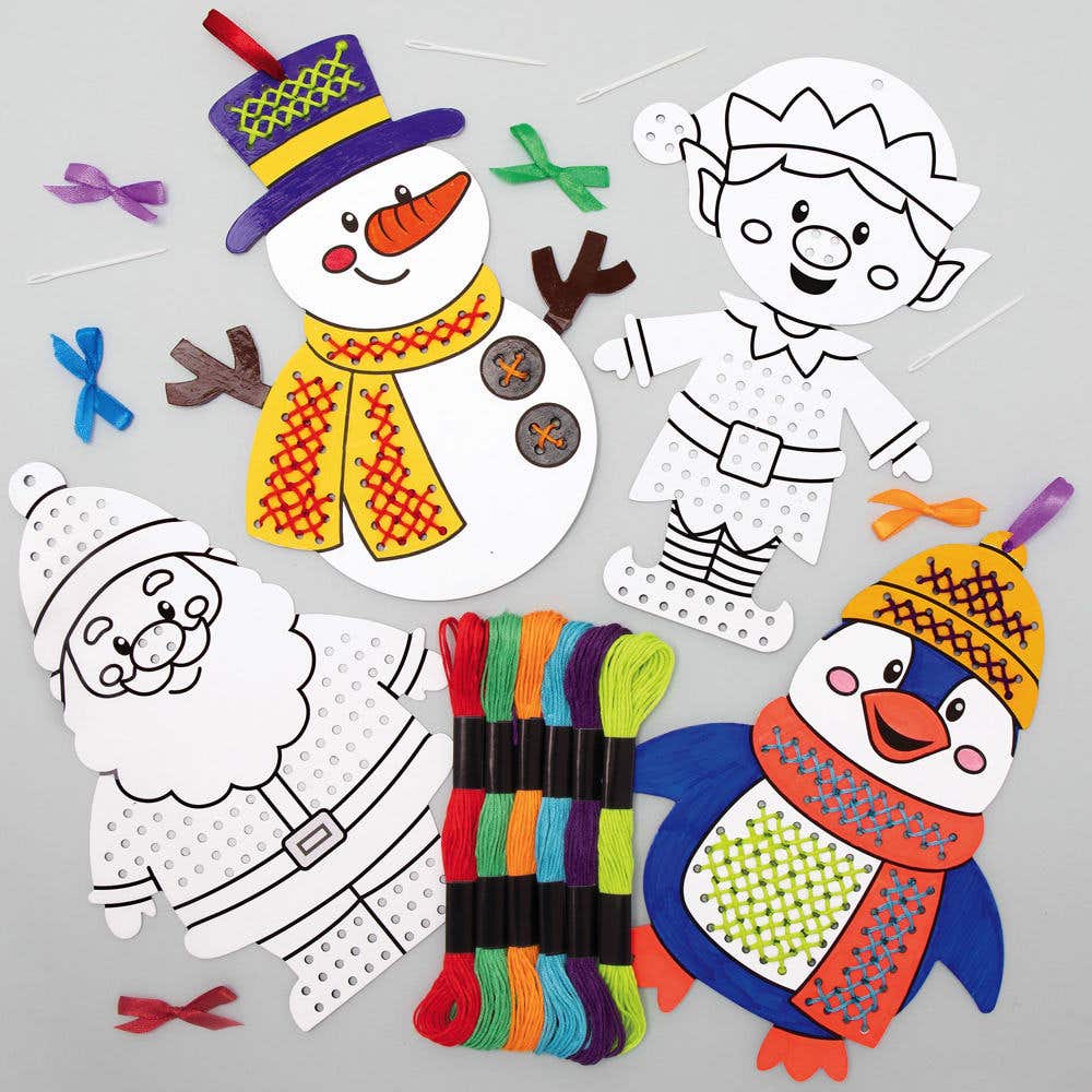 Christmas Colour-in Cross Stitch Decoration Kits (Pack of 5) Christmas Crafts 6 thread colours - Red, Orange, Dark Green, Light Green, Blue & Purple