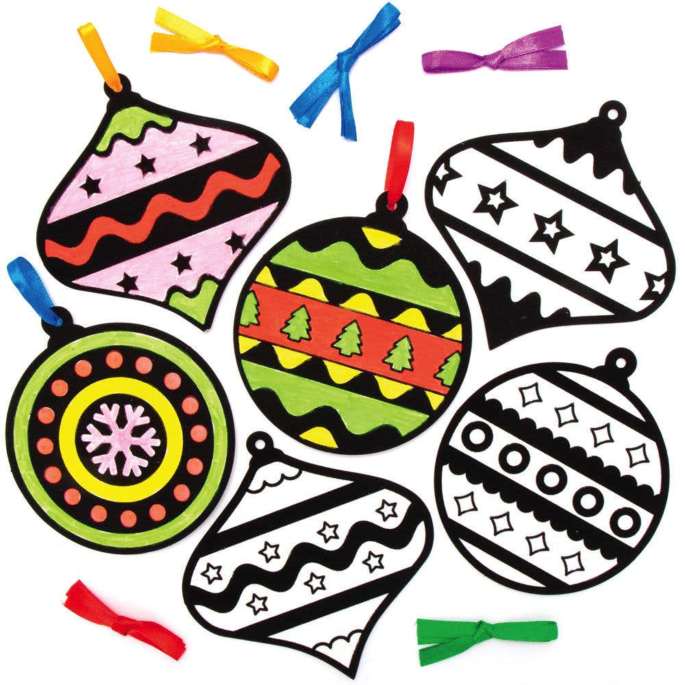 Christmas Colour-in Fuzzy Art Baubles (Pack of 15) Christmas Crafts 5 ribbon colours - Blue, Red, Yellow, Green & Purple