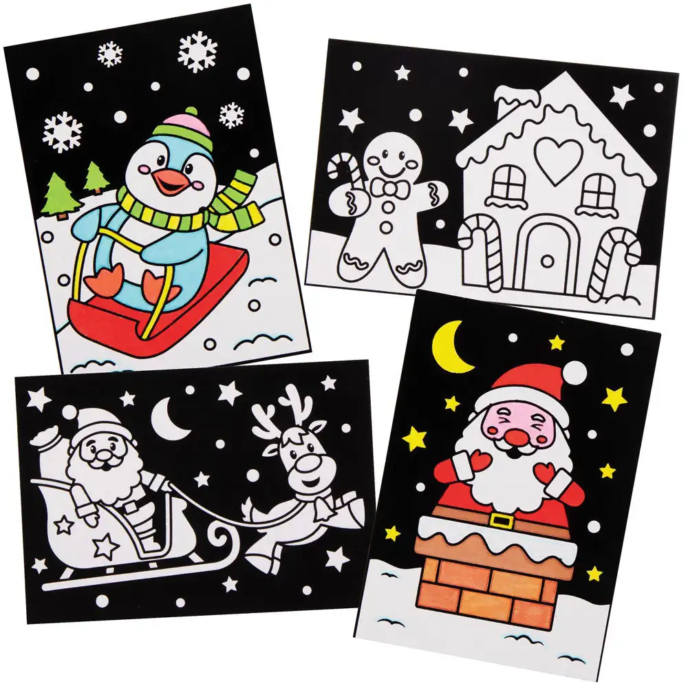 Colour-in Christmas Fuzzy Art Pictures (Pack of 10) Christmas Crafts, 10 Assorted Designs, Black Velvet Outlines