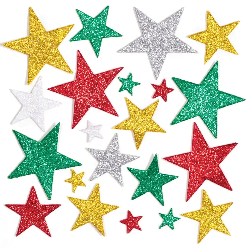 Christmas Glitter Star Foam Stickers (Pack of 150) Christmas Craft Supplies 5 assorted colours - White, Red, Green, Silver & Gold