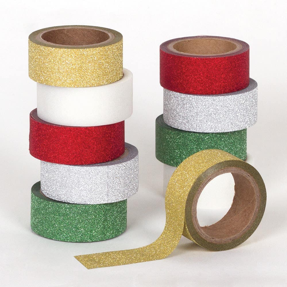 Christmas Glitter Washi Tape (Pack of 10) Christmas Craft Supplies 5 assorted Christmas colours - Red, Green, Gold, Silver & White