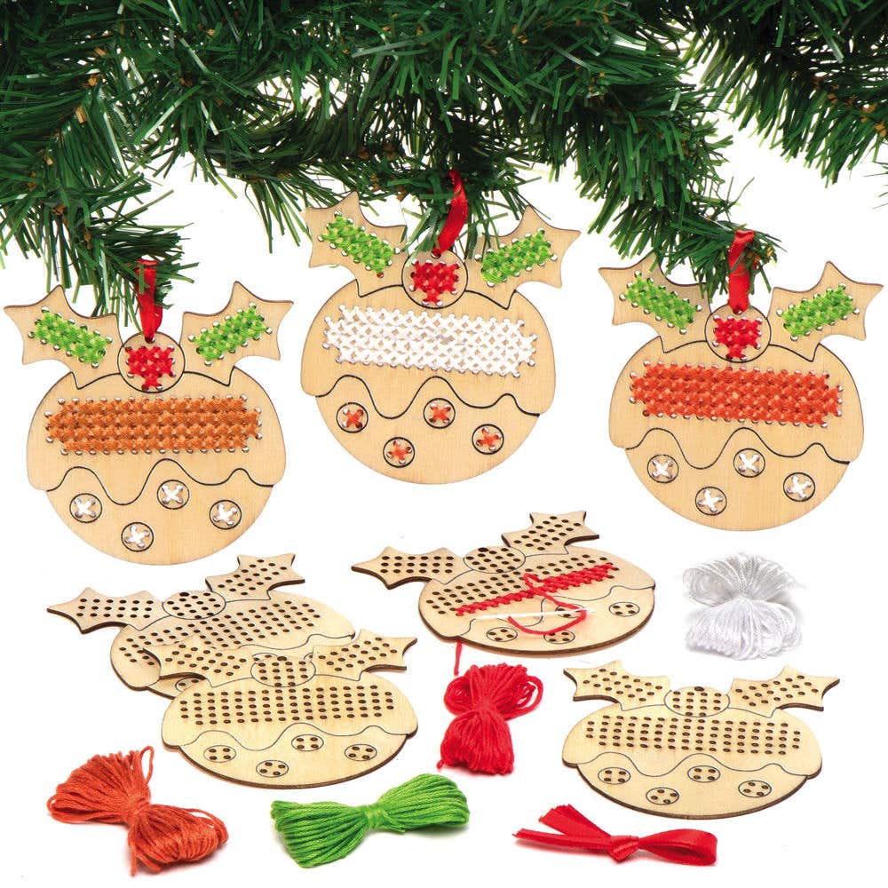 Christmas Pudding Wooden Cross Stitch Decoration Kits (Pack of 5) Christmas Crafts 4 embroidery thread colours - Green, Red, Brown & White