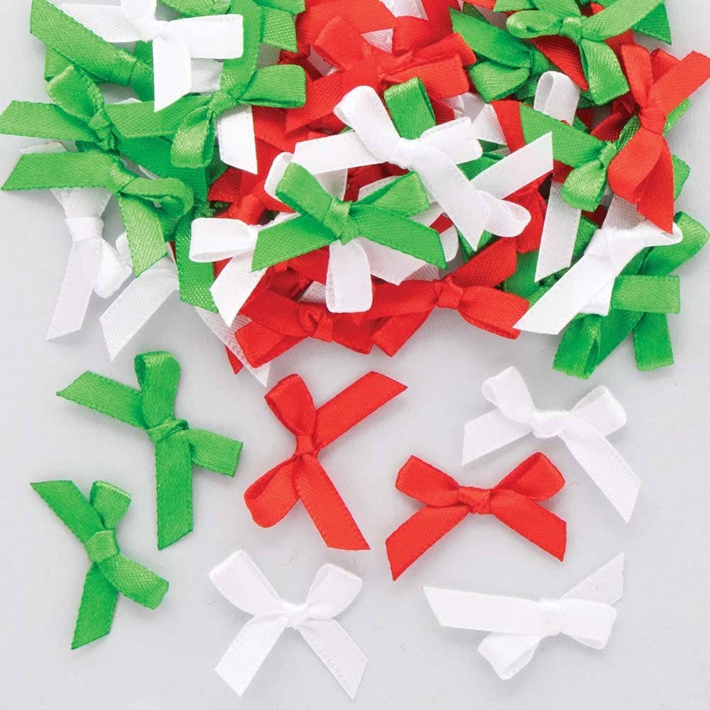 Christmas Self-Adhesive Ribbon Bows (Pack of 72) Christmas Craft Supplies 3 assorted colours - Red, Green & White