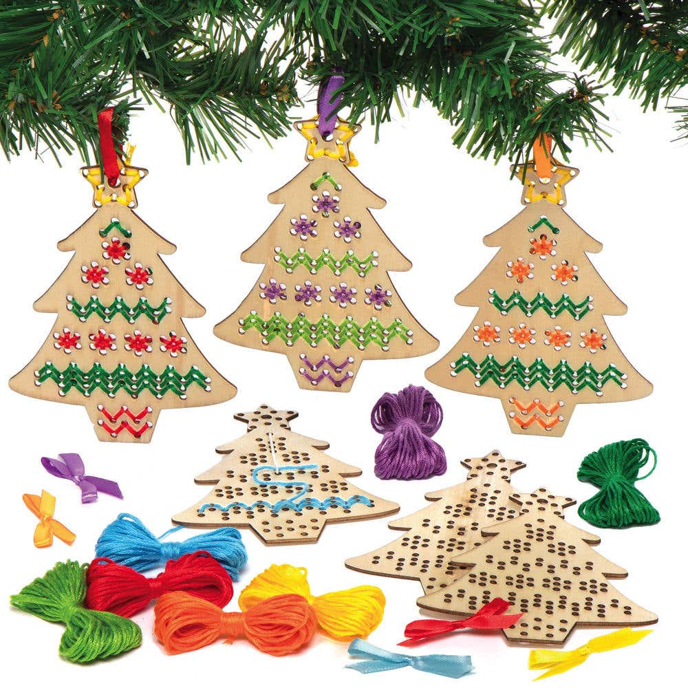 Wooden Christmas Tree Cross Stitch Decoration Kits (Pack of 5) 7 Thread Colours, Size 12cm, Plastic Needles Included