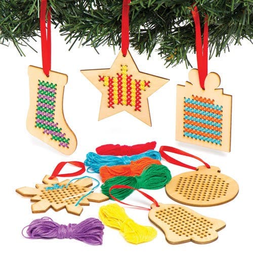 Christmas Wooden Decoration Cross Stitch Kits (Pack of 6) Christmas Crafts, Thread & Plastic Needles Included