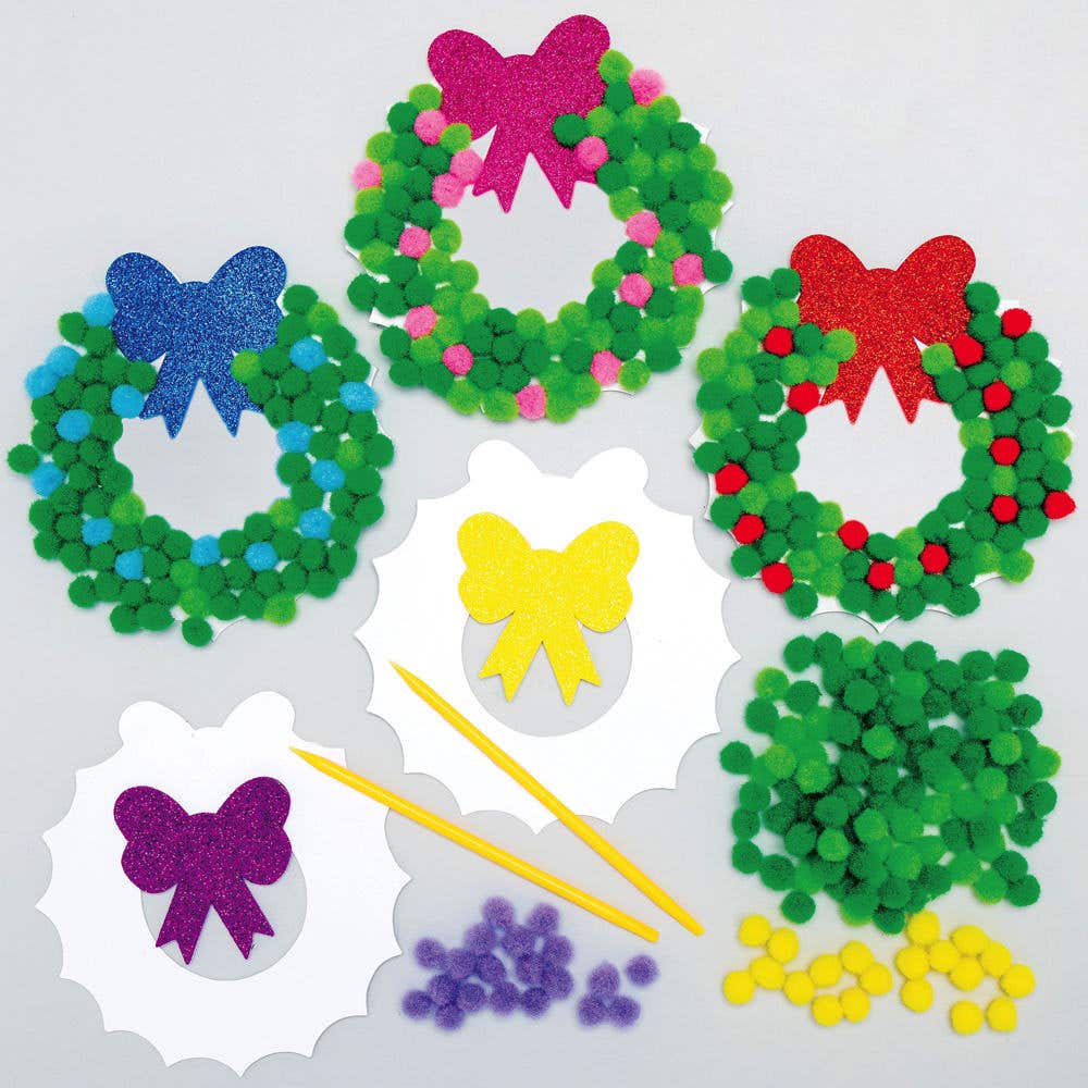 Christmas Wreath Pom Pom Art Craft Kits (Pack of 5) 7 Pom Pom Colours, Wreath Size 12cm, Christmas Craft Activities
