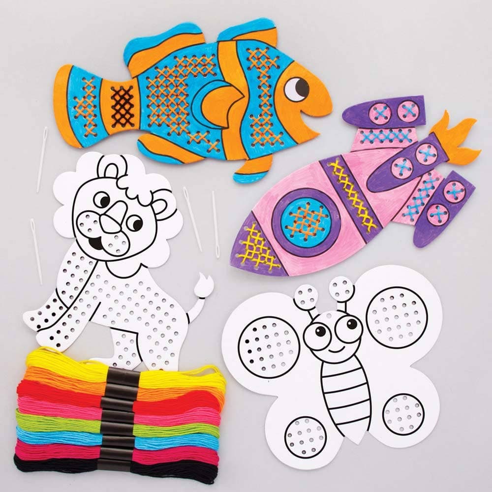 Colour-in Cross Stitch Kits Value Pack (Pack of 8) 8 Thread Colours & Plastic Needles Included, 13cm-22.5cm Sizes, Beginner Kits