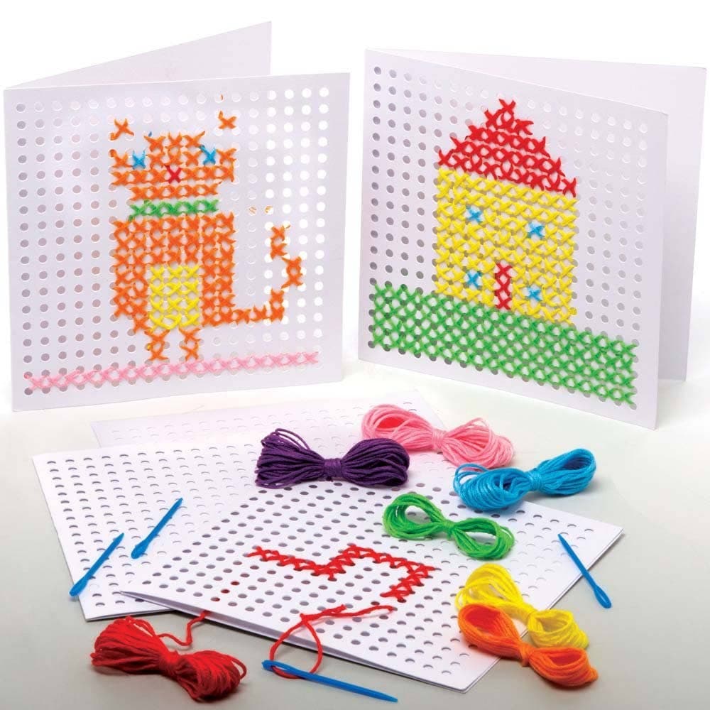 Cross Stitch Greeting Card Kits (Pack of 6) Sewing & Weaving Craft Kits, 8 Assorted Colours, Plastic Needle & Thread Included