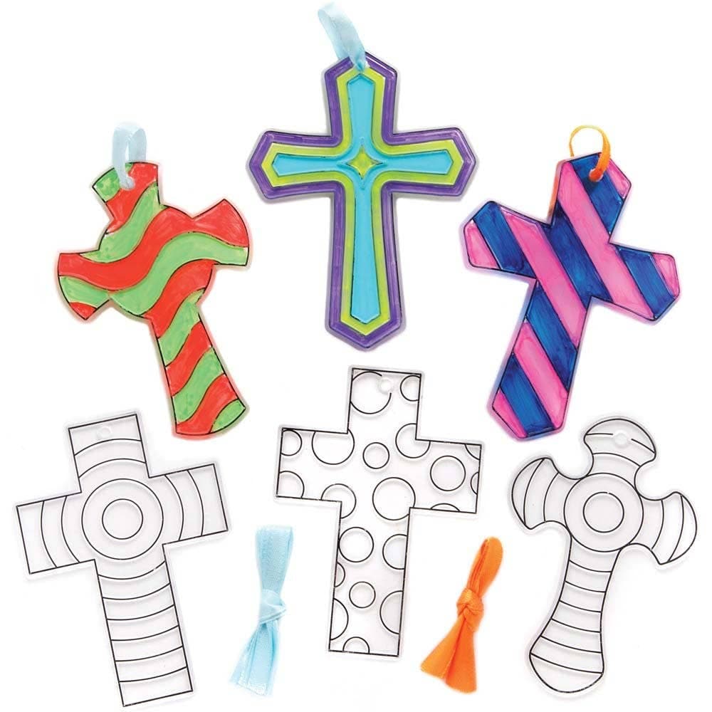 Cross Suncatcher Decorations (Pack of 10) Decoration Craft Kits 2 assorted ribbon colours - Blue & Orange