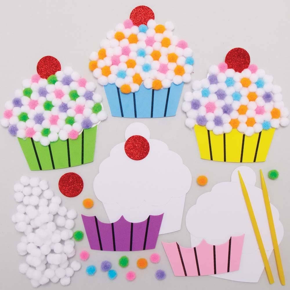 Cupcake Pom Pom Art Kits (Pack of 5) Art Craft Kits 5 assorted cupcake colours - Blue, Purple, Yellow, Pink & Green