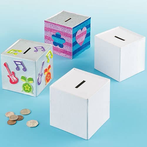 Cube Money Box Blanks (Pack of 3) Decorate Your Own, 10cm x 10cm x 10cm Size, Strong White Card
