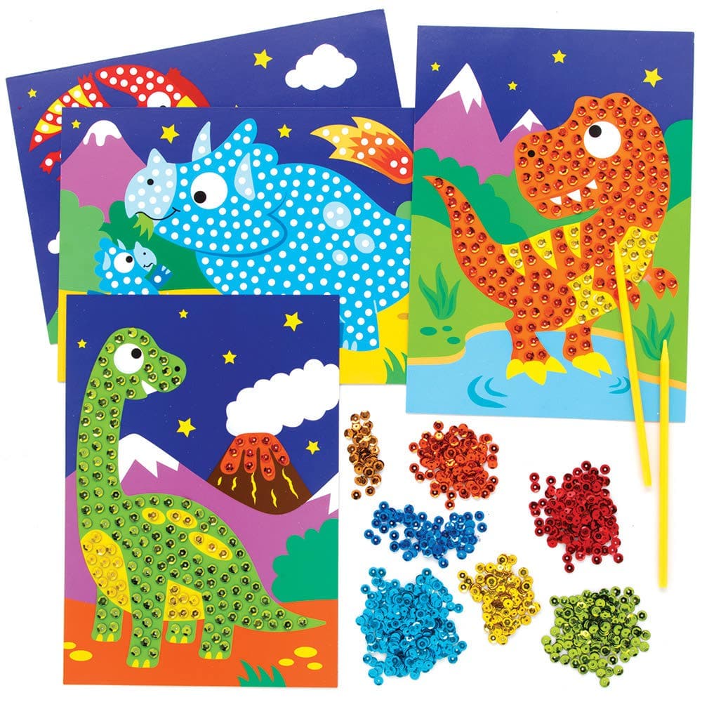 Dinosaur Sequin Picture Kits (Pack of 4) Craft Kits For Kids 7 sequin colours - Red, Orange, Yellow, Blue, Green, Light Blue & Brown