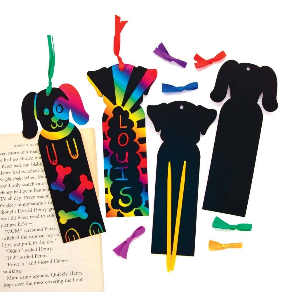 Dog Scratch Art Bookmarks (Pack of 12) Decorate & Personalise, Rainbow Colours, Tools Included
