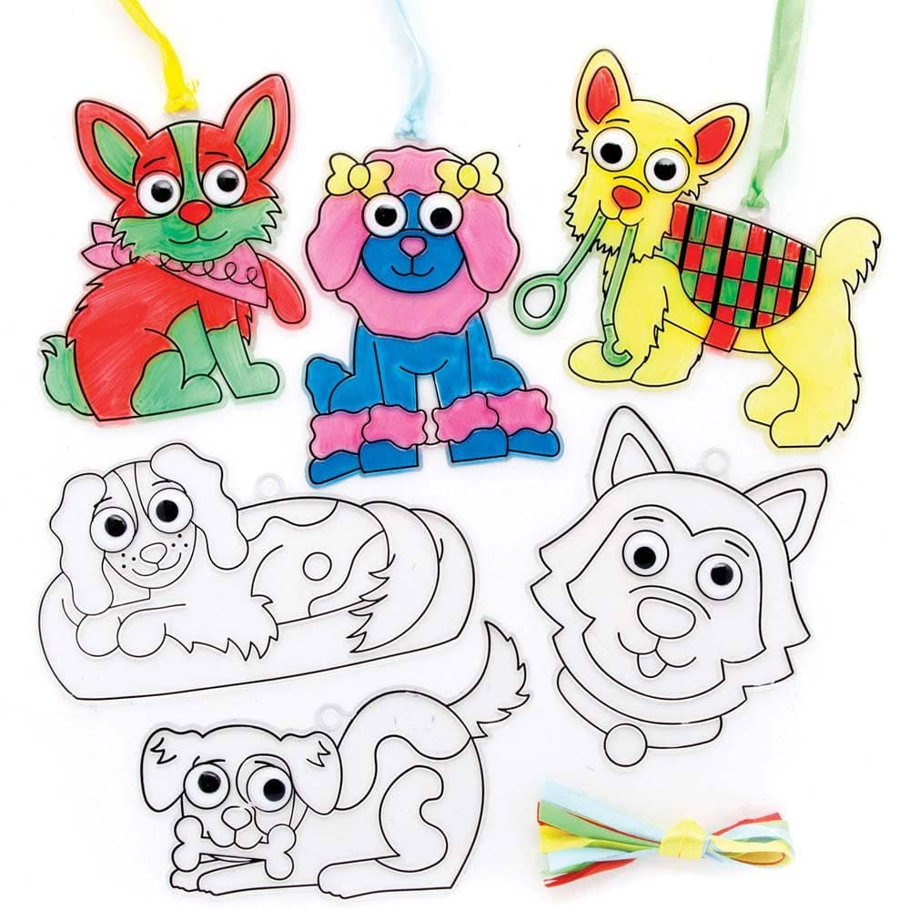 Dog Wiggle-Eye Suncatchers (Pack of 8) Decoration Craft Kits 4 ribbon colours - Red, Blue Green & Yellow