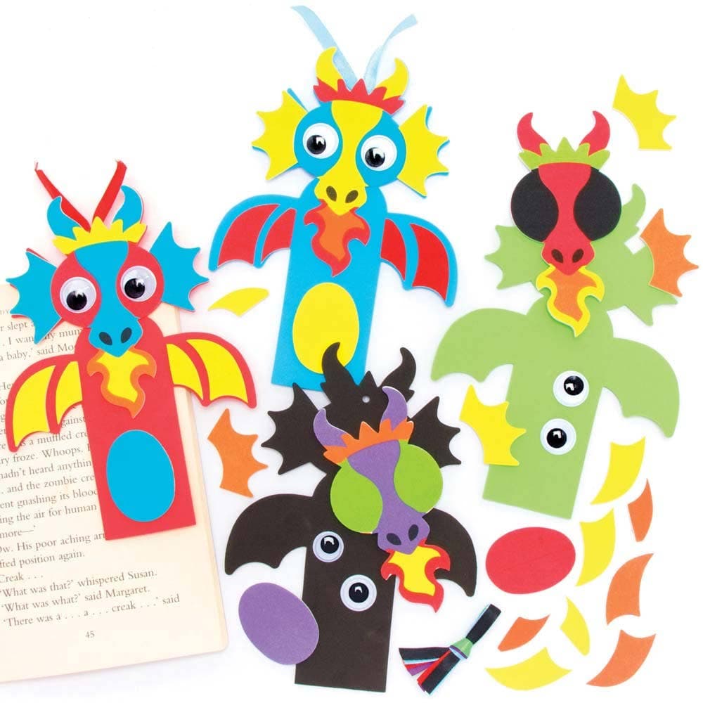 Dragon Bookmark Kits (Pack of 5) Decoration Craft Kits 5 assorted colours - Green, Purple, Blue, Red & Black