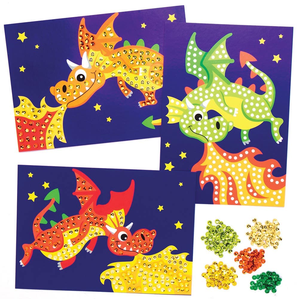 Dragon Sequin Picture Kits (Pack of 4) Craft Kits For Kids 5 assorted colour sequins - Red, Yellow, Orange, Dark Green & Light Green