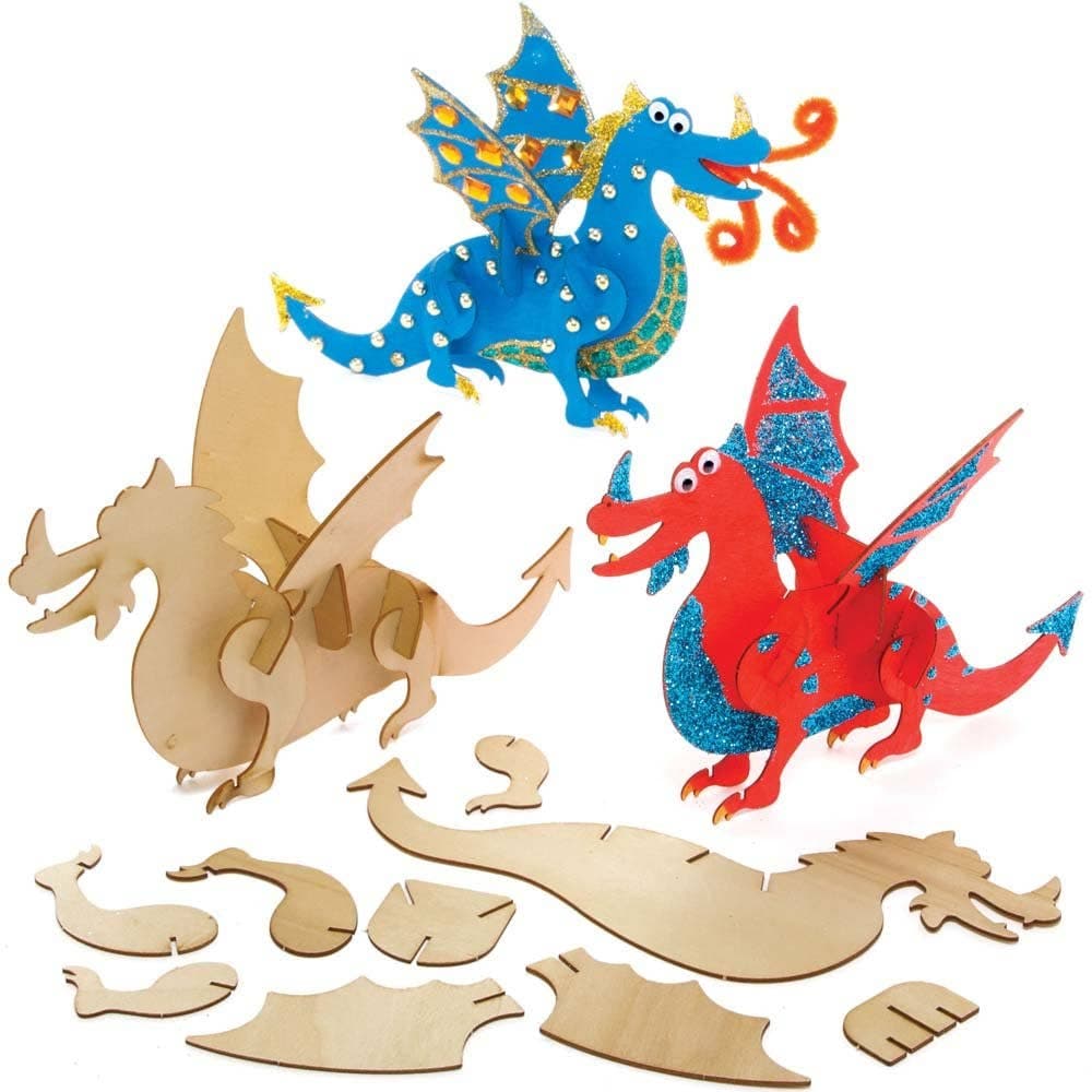 Dragon 3D Woodcraft Kits (Pack of 3) Chinese New Year Crafts, Self Assemble & Decorate, 13cm x 19.5cm