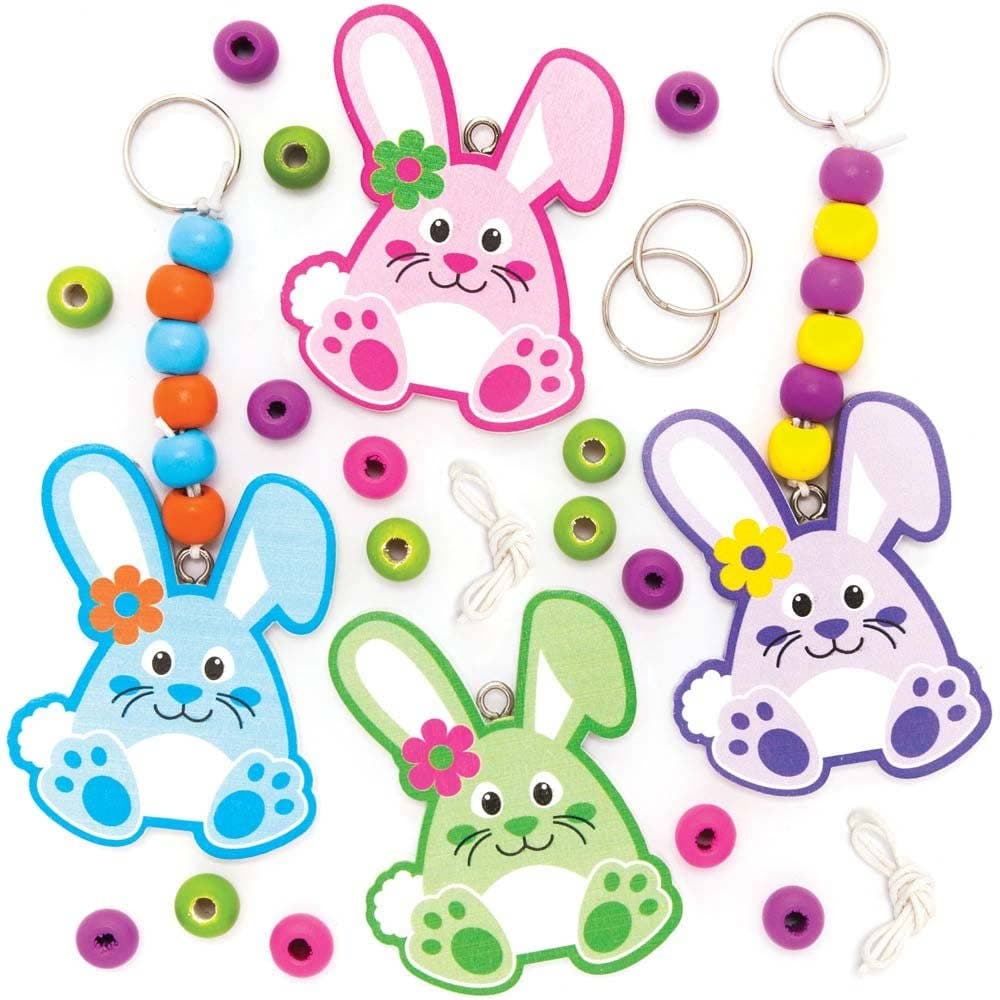 Easter Bunny Keyring & Bag Dangler Kits (Pack of 4) 6 Assorted Bead Colours, 4 Designs, Finished size 12cm