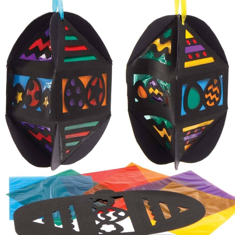 Easter Egg Stained Glass Lantern Kits (Pack of 4) 6 Assorted Cellophane Colours, 4 Designs, Egg-Shaped Lantern