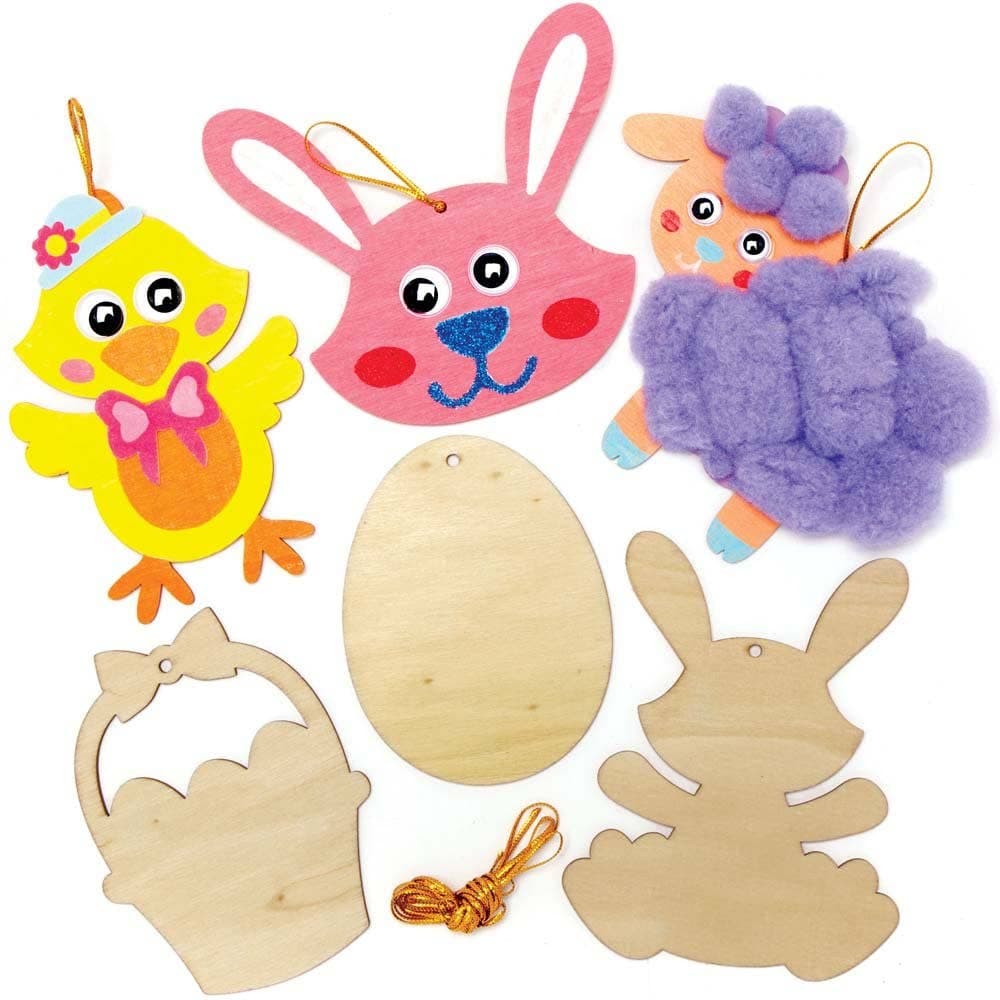 Easter Wooden Decoration Blanks (Pack of 12) 6 Assorted Designs, Gold Cord Included, Decorate & Personalise