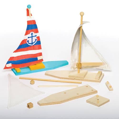 Wooden Sailboat Kits (Pack of 2) Finished Height 19cm, Self-Assemble, Design your Own Crafts, Wood & Fabric Sail