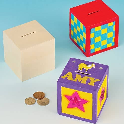 Wooden Cube Money Boxes (Pack of 2) Decoration Craft Kits