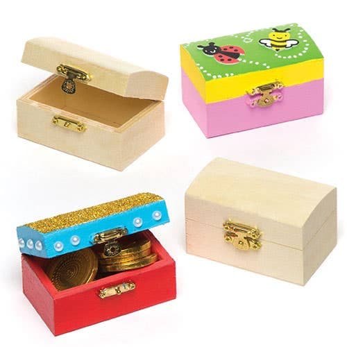 Mini Wooden Treasure Chests (Box of 4) Decorate & Personalise, 8cm x 5cm, Metal Hinge & Clasp