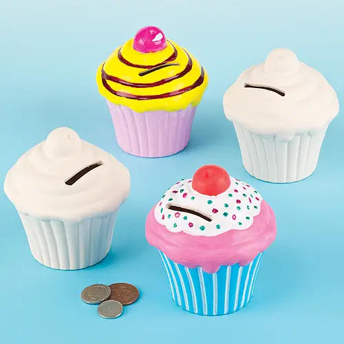Cupcake Ceramic Coin Banks (Box of 2) Decoration Craft Kits, Includes Removable Stopper, Decorate & Personalise