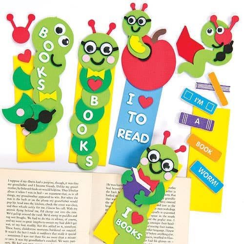 Bookworm Foam Bookmark Kits (Pack of 4) Height 17cm, 4 Assorted Designs, Pre-Cut Foam Pieces Included, Educational Craft Kits