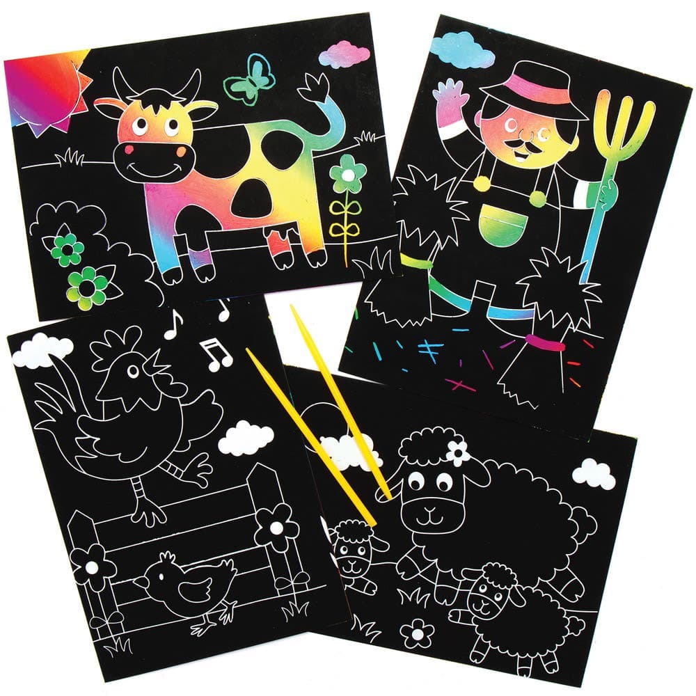 Farm Scratch Card Art Pictures (Pack of 10) Art Craft Kits, Rainbow Coloured, Scratch Tools Included, 10 Assorted Designs
