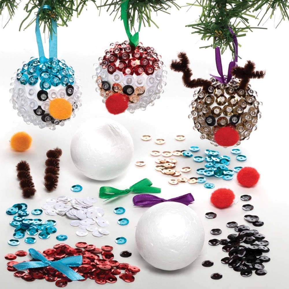 Christmas Sequin Bauble Kits (Pack of 3) Christmas Crafts, 3 Designs, All-In-One, Snowman, Santa & Reindeer