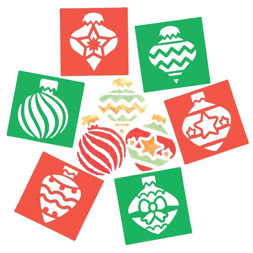 Christmas Bauble Stencils (Pack of 8) Christmas Craft Supplies 2 stencil colours - Red & Green