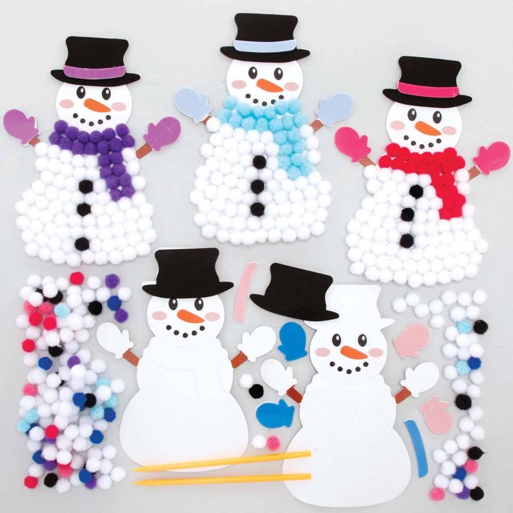 Snowman Pom Pom Art Kits (Pack of 5) Christmas Crafts 7 pom pom colours - Purple, Light Blue, Pink, Light Pink, Dark Blue, White & Black