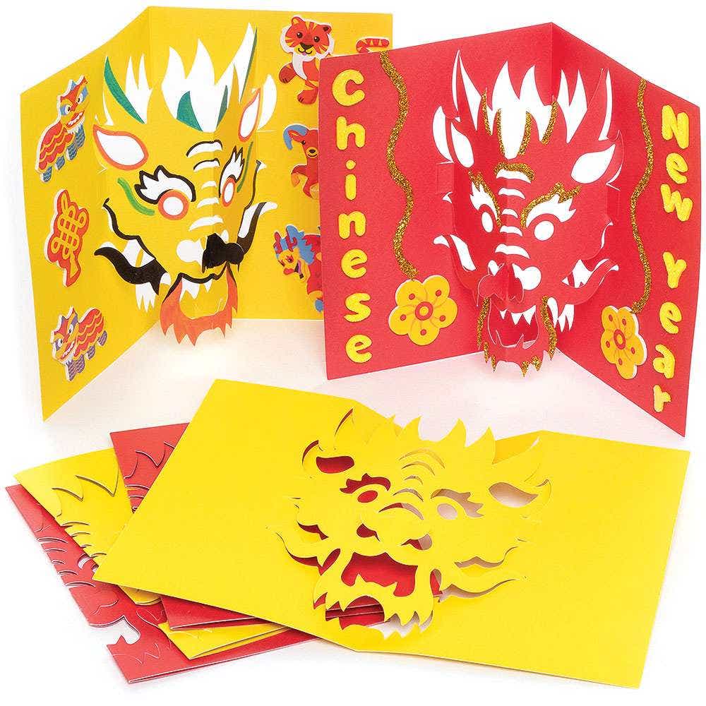 Chinese Dragon Pop-out Greeting Cards (Pack of 10) Chinese New Year Crafts, Envelopes Included, 2 Colours (Red & Yellow)