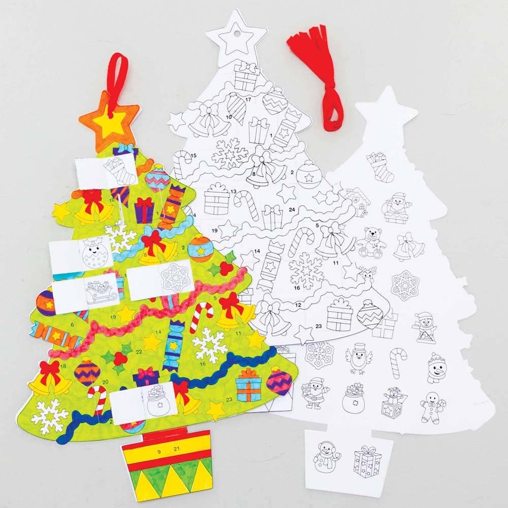 Christmas Tree Colour-in Advent Calendars (Pack of 5) Christmas Crafts 1 ribbon colour - Red