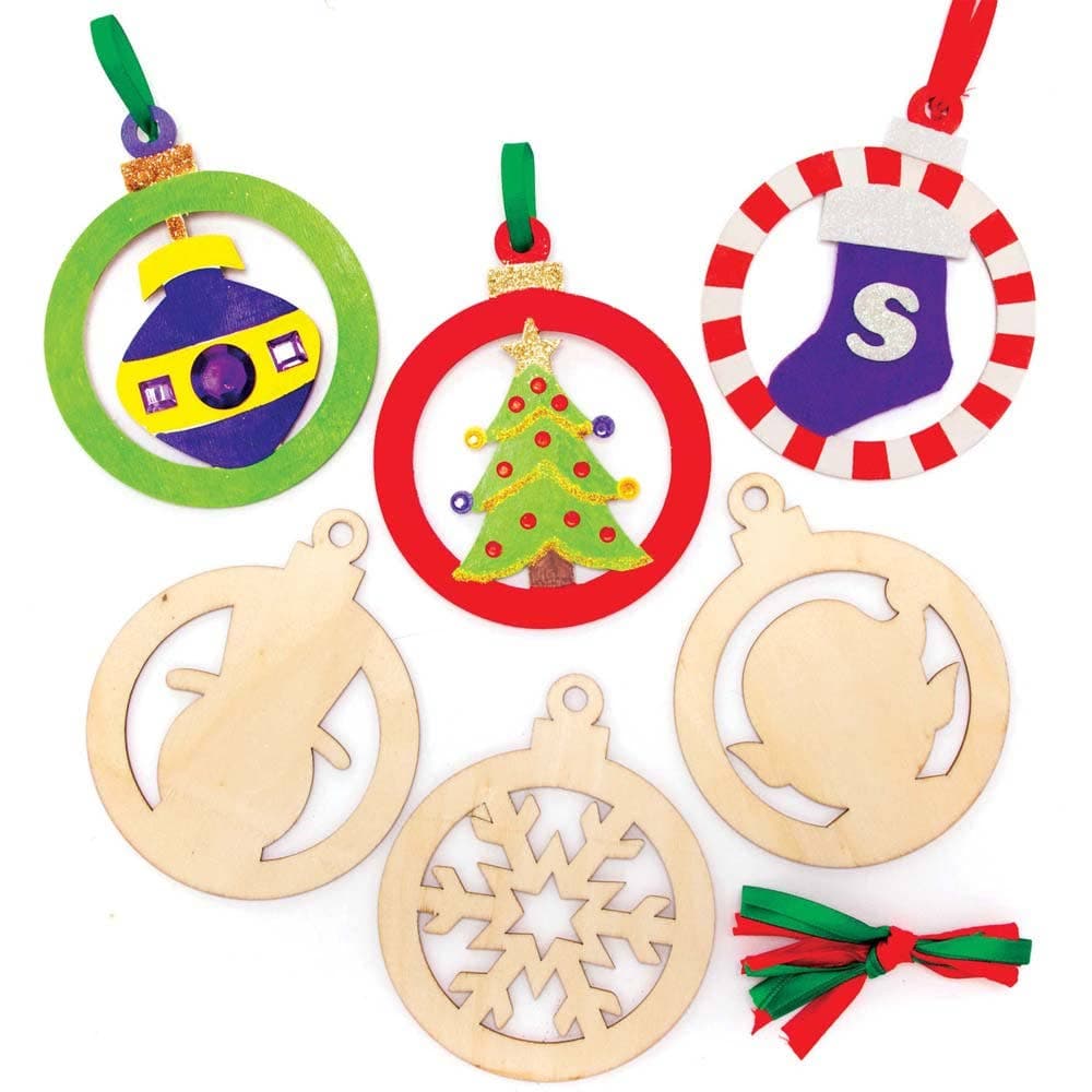 Christmas Wooden Baubles (Pack of 10) Christmas Crafts 2 ribbon colours - Red & Green
