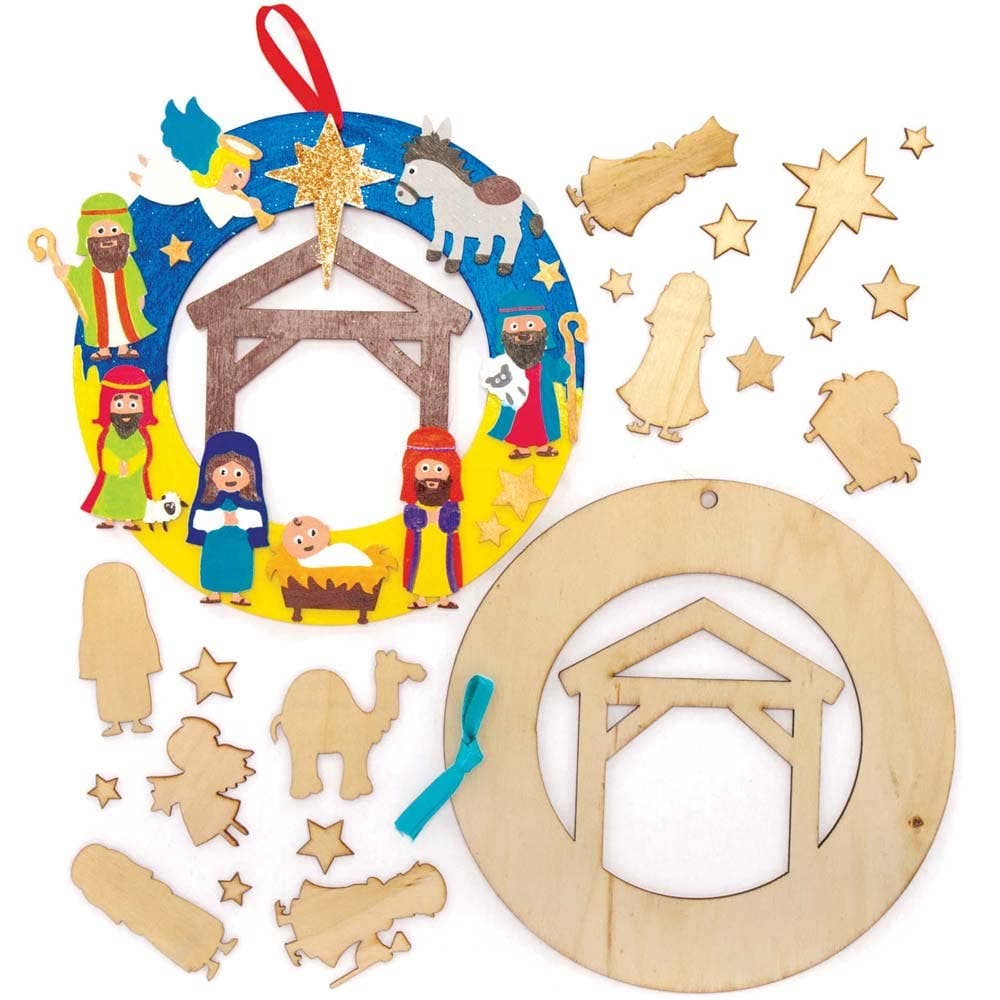 Nativity Wooden Wreath Kits (Pack of 2) Christmas Crafts 2 ribbon colours - Red & Blue