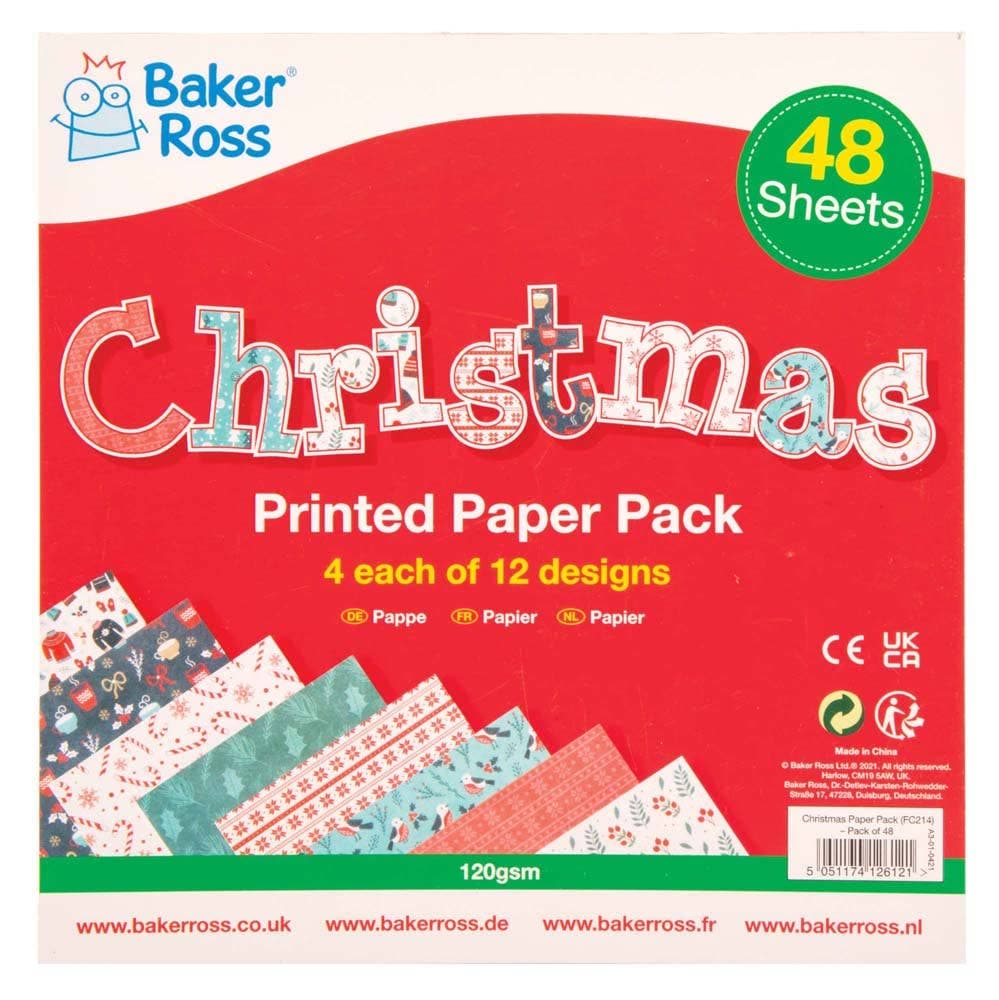 Christmas Printed Paper 120gsm (Pack of 48) Christmas Craft Supplies, 12 Themed Designs, Scrapbooking