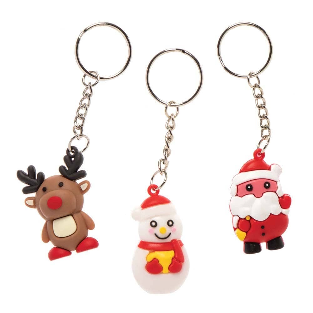 Christmas Character Keyrings (Pack of 6) Christmas Toys, 3 Designs - Reindeer, Snowman & Santa, Stocking Filler
