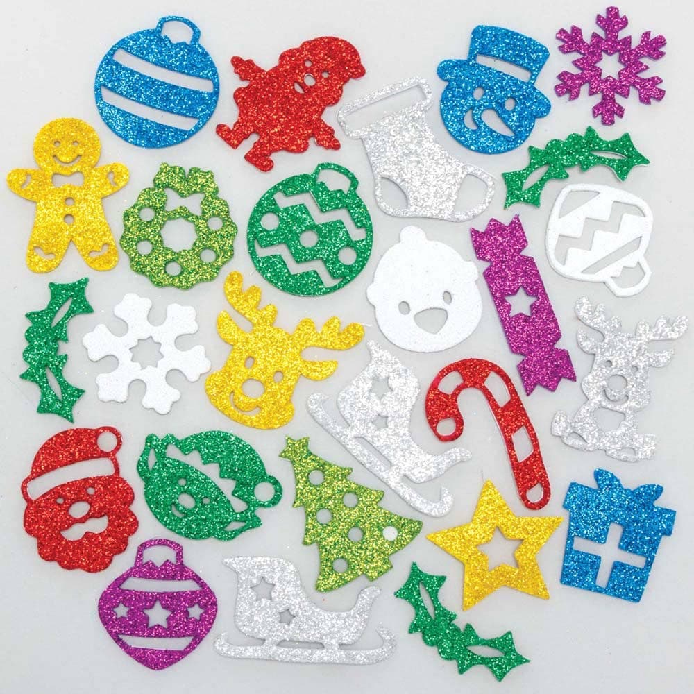 Christmas Sparkle Foam Stickers (Pack of 100) Christmas Craft Supplies, 8 Colours & 25 Designs