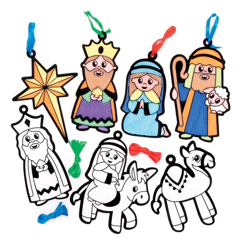 Nativity Fuzzy Art Colour-in Decorations (Pack of 15) Christmas Crafts 3 ribbon colours - Red, Blue & Green